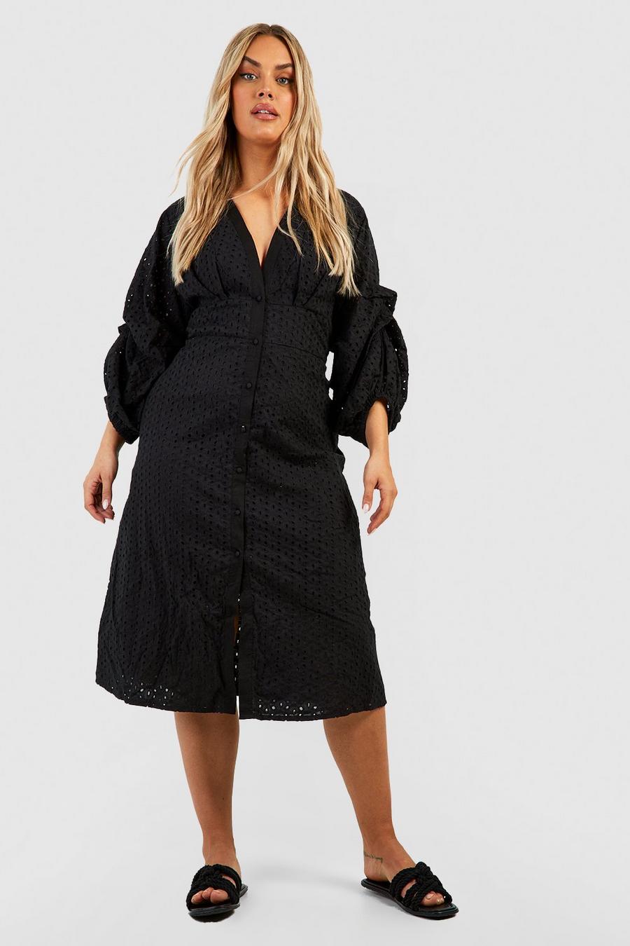 Black Plus Broderie Volume Sleeve Midi Dress