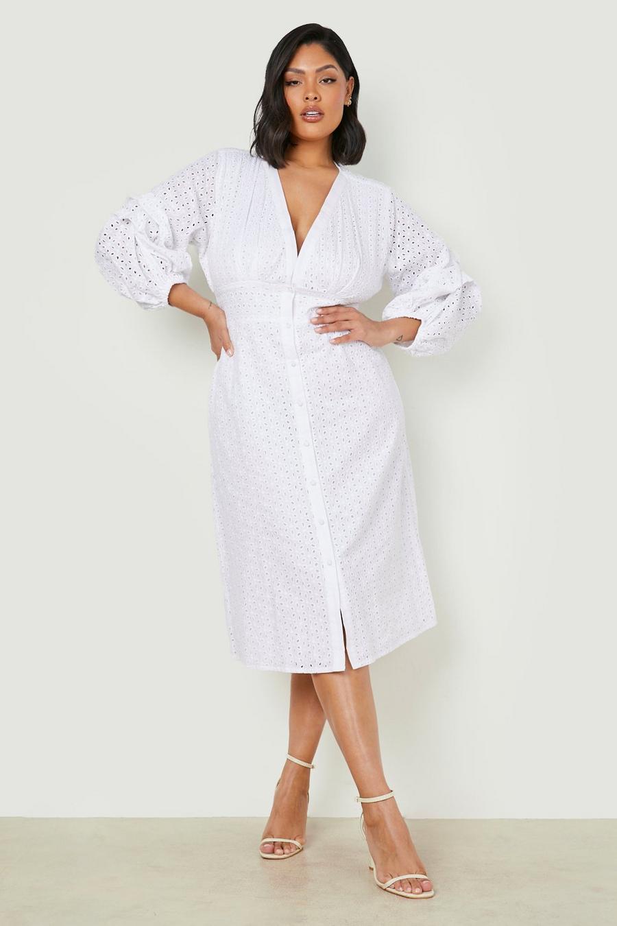 Grande taille - Robe mi-longue en broderie anglaise à manches volumineuses, White