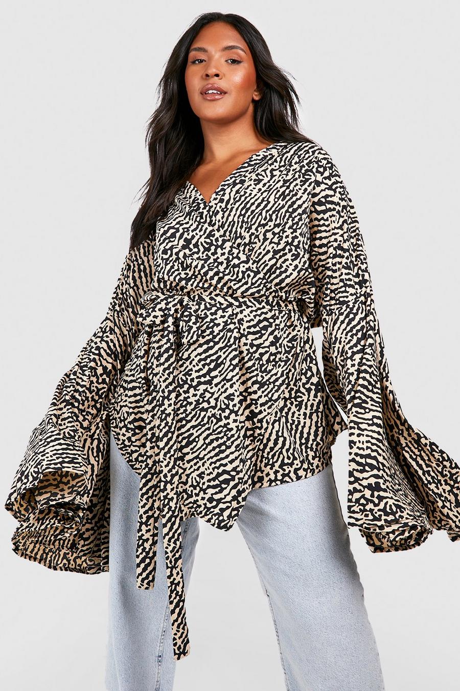 Camel Plus Printed Extreme Sleeve Wrap Top image number 1