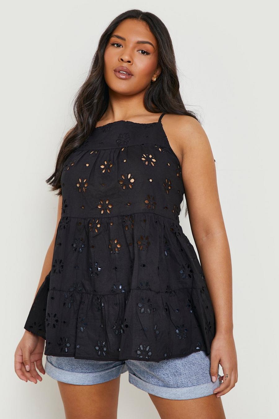 Black Plus Broderie Tiered Smock Cami