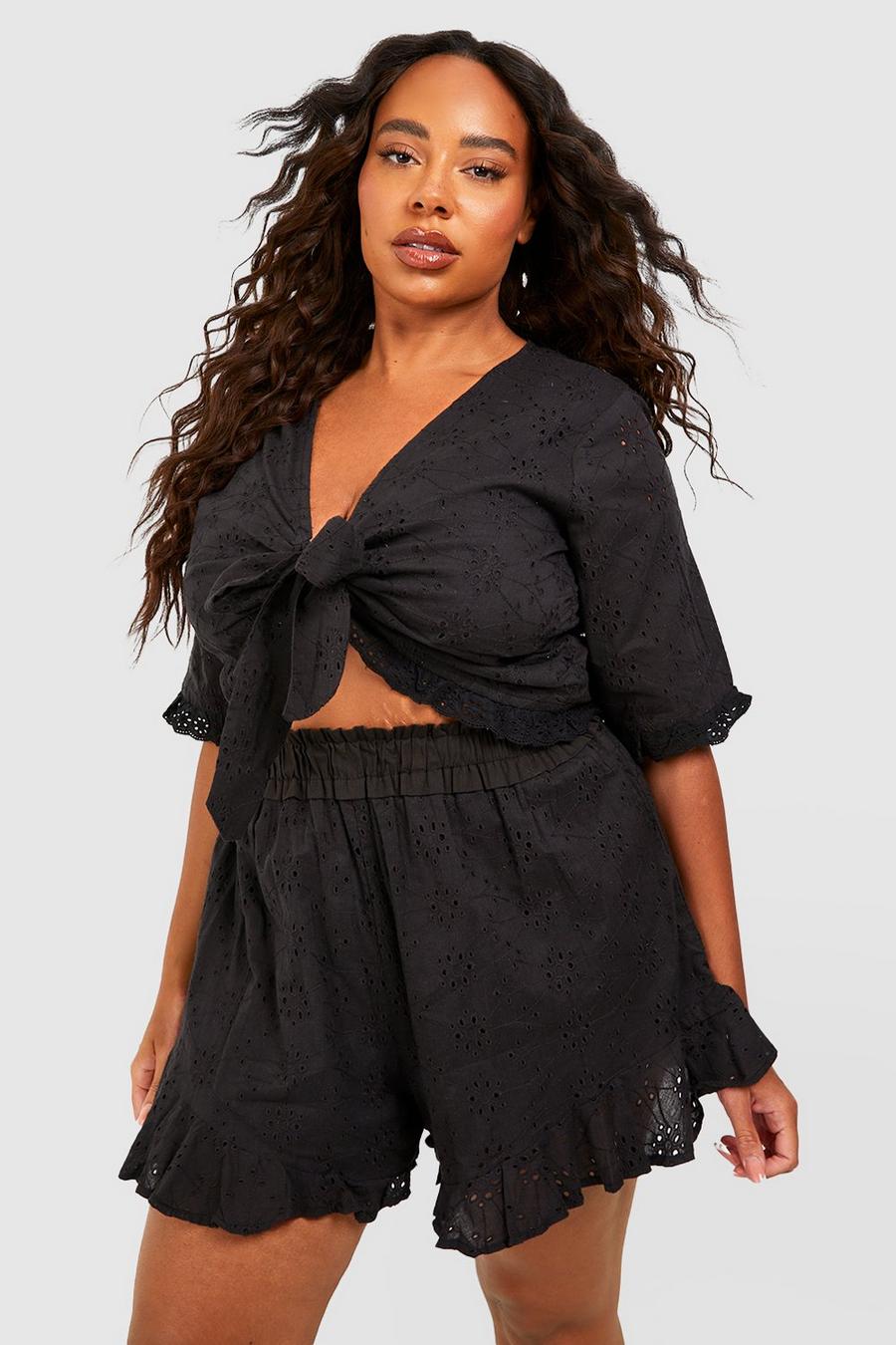 Black Plus Broderie Tie Front Shorts Co-ord