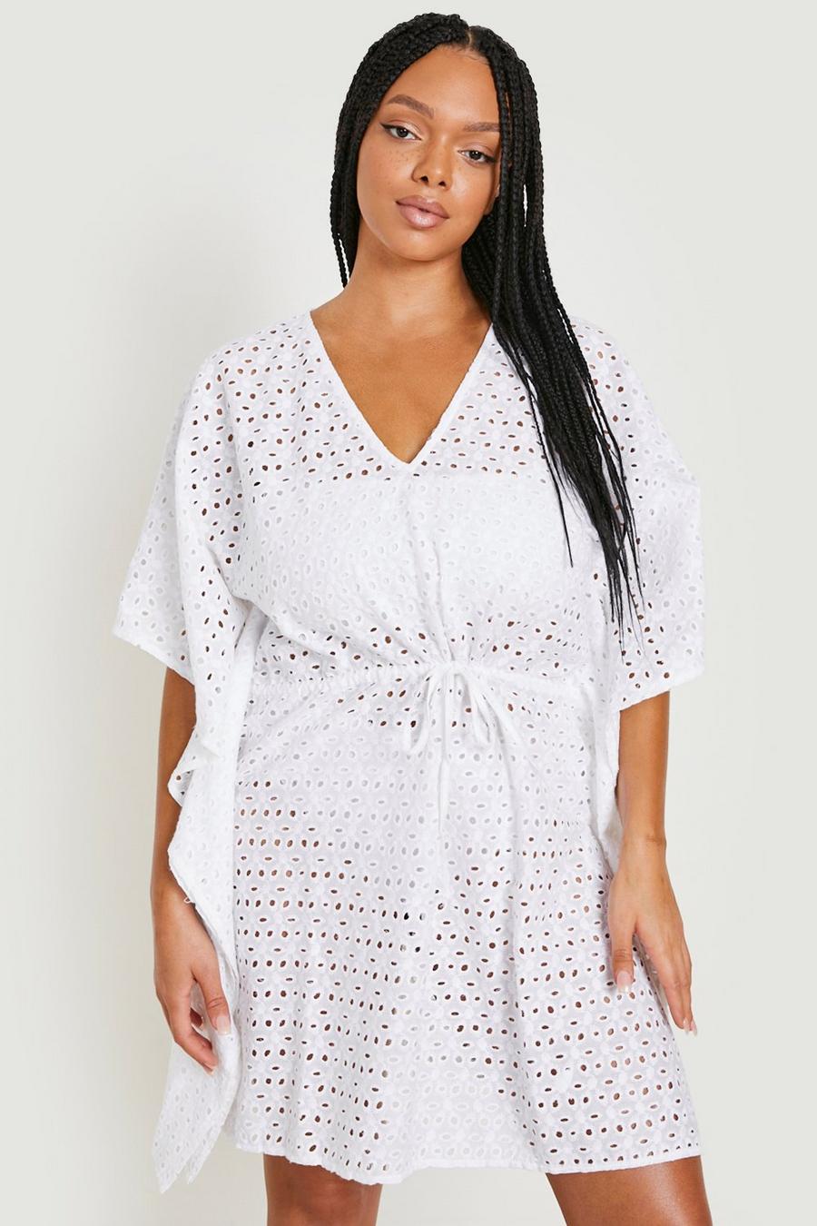 White Plus Broderie Anglaise Kaftan Met Touwtjes image number 1