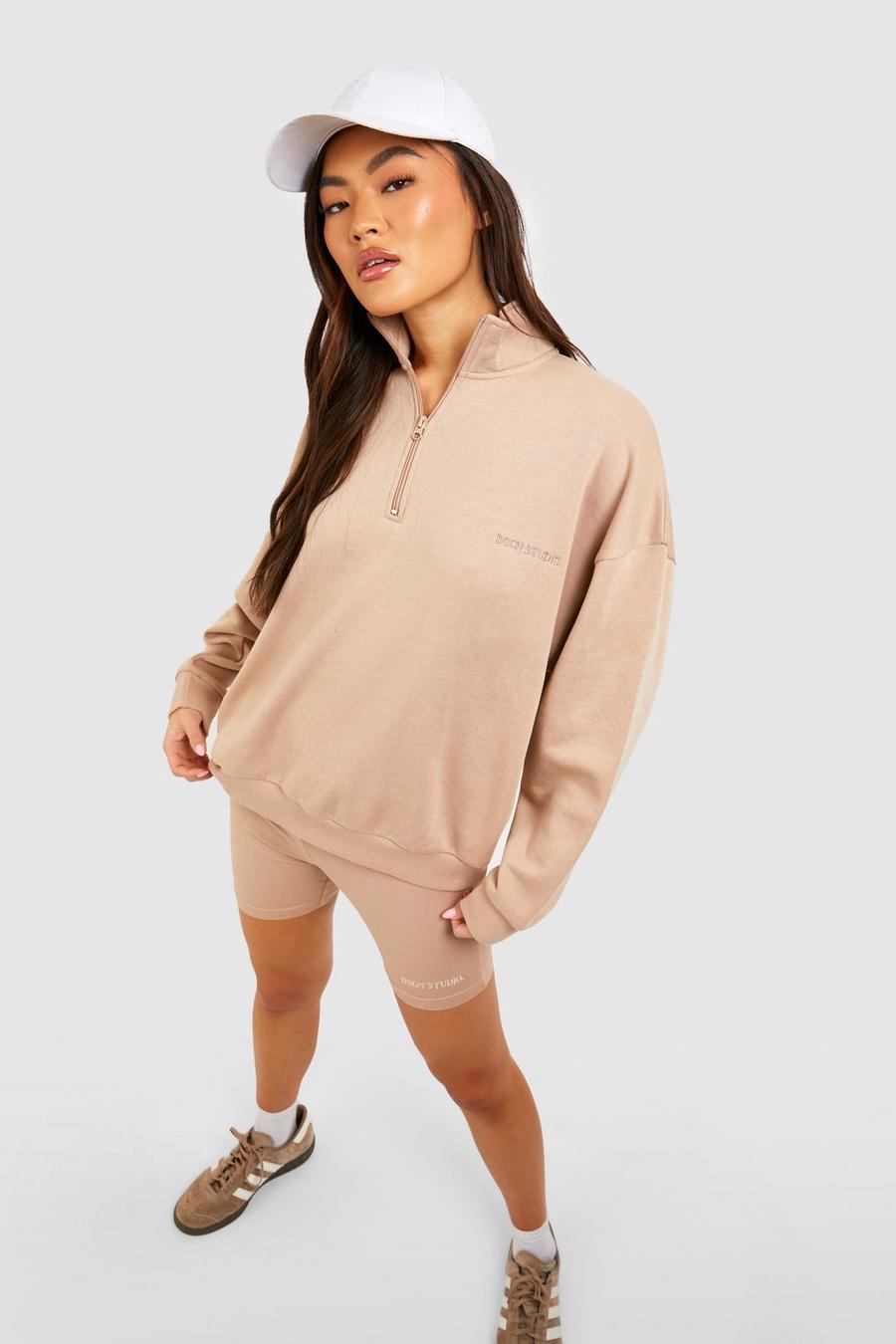 Taupe Half Zip Oversized Sweater And Cycling Short Set image number 1