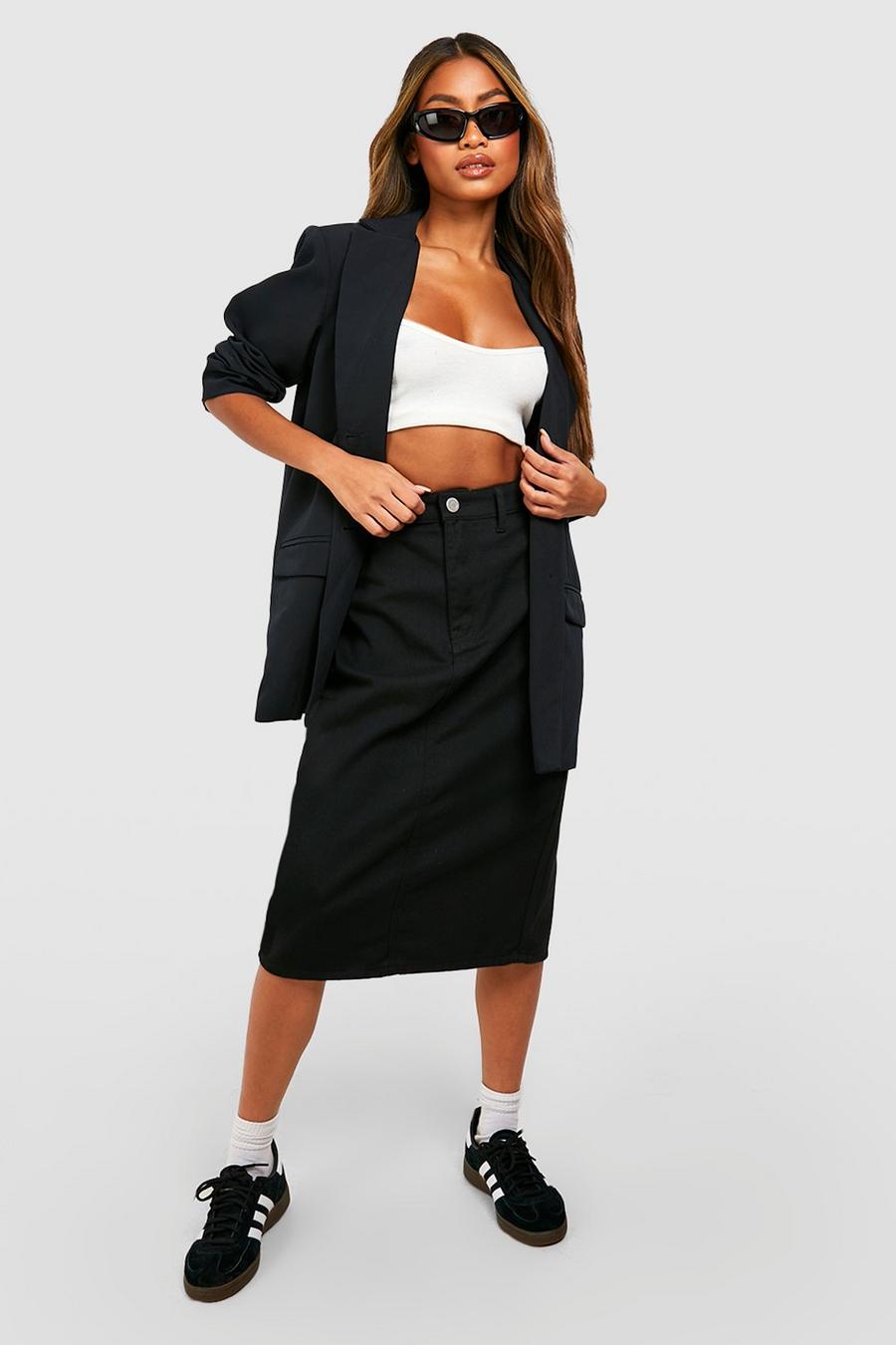 Black Stretch High Waist Midi Spijkerrok