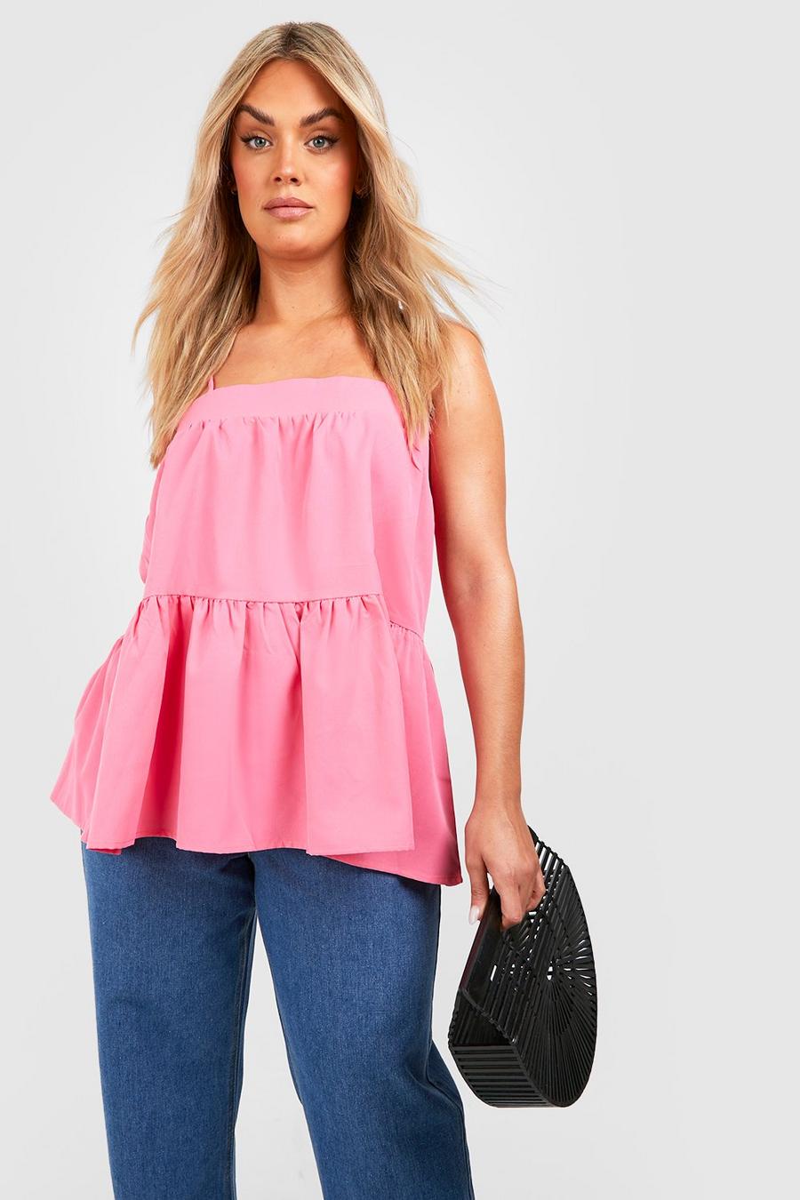 Candy pink Plus Woven Square Neck Teired Cami Top