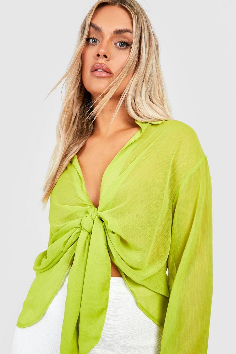 Blusa Plus Size in chiffon drappeggiato con laccetti, Chartreuse