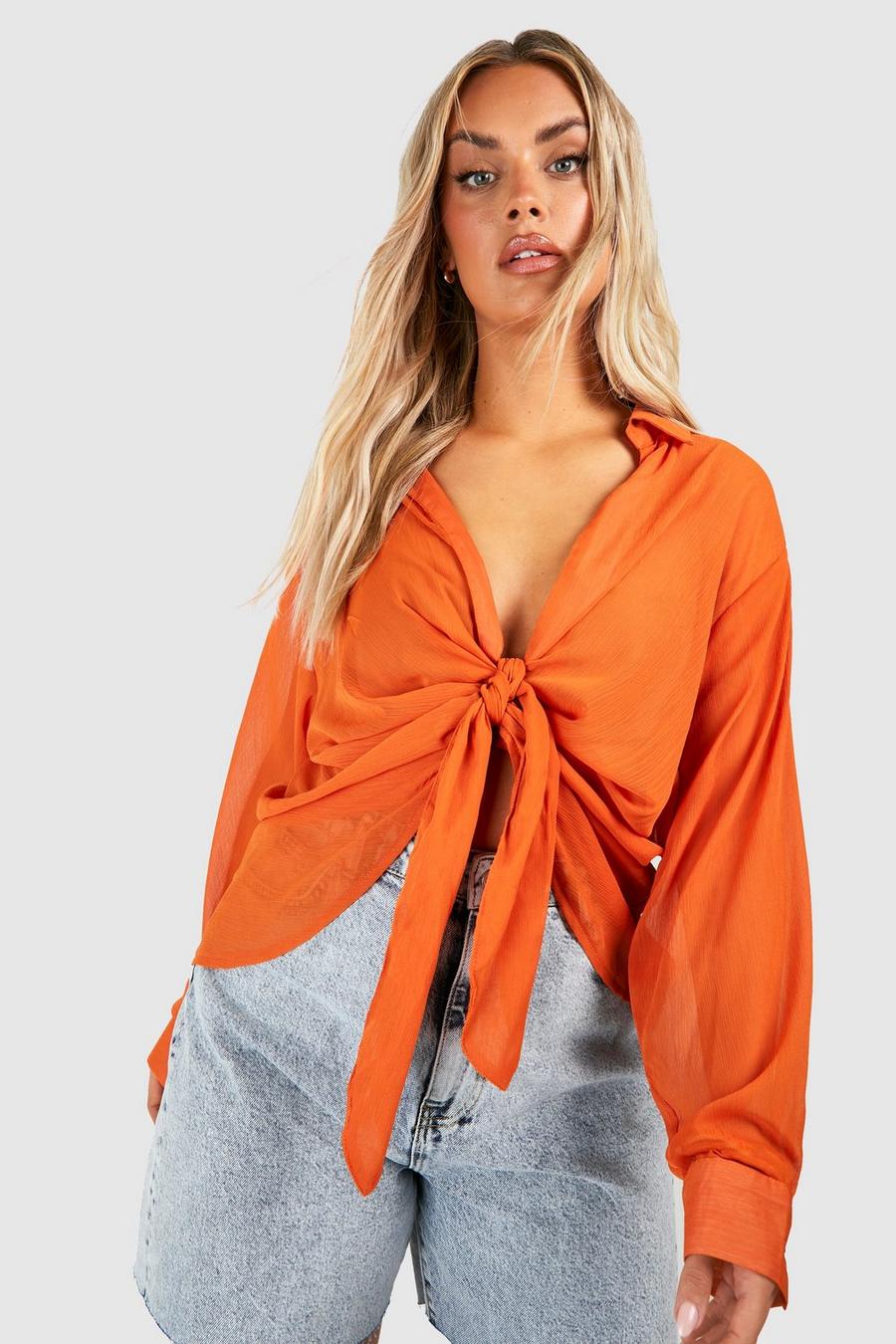 Blusa Plus Size in chiffon drappeggiato con laccetti, Orange