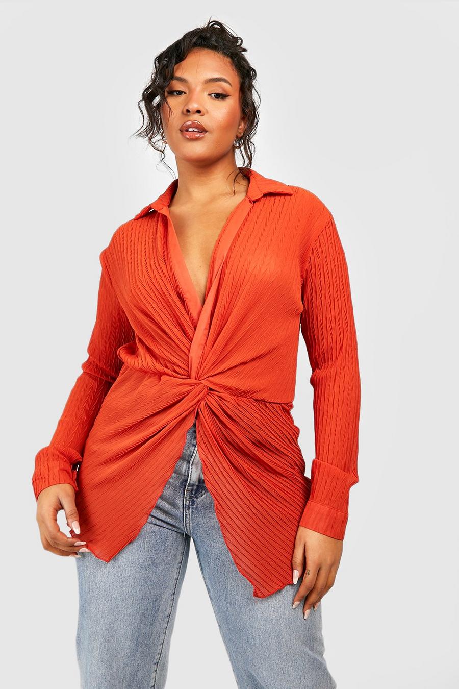 Camicia lunga Plus Size in chiffon semi-trasparente plissettato con dettagli attorcigliati, Orange