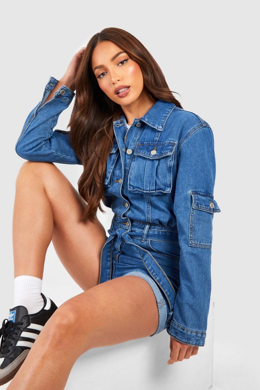 Mid wash Tall Belted Tapered Cargo Denim Romper
