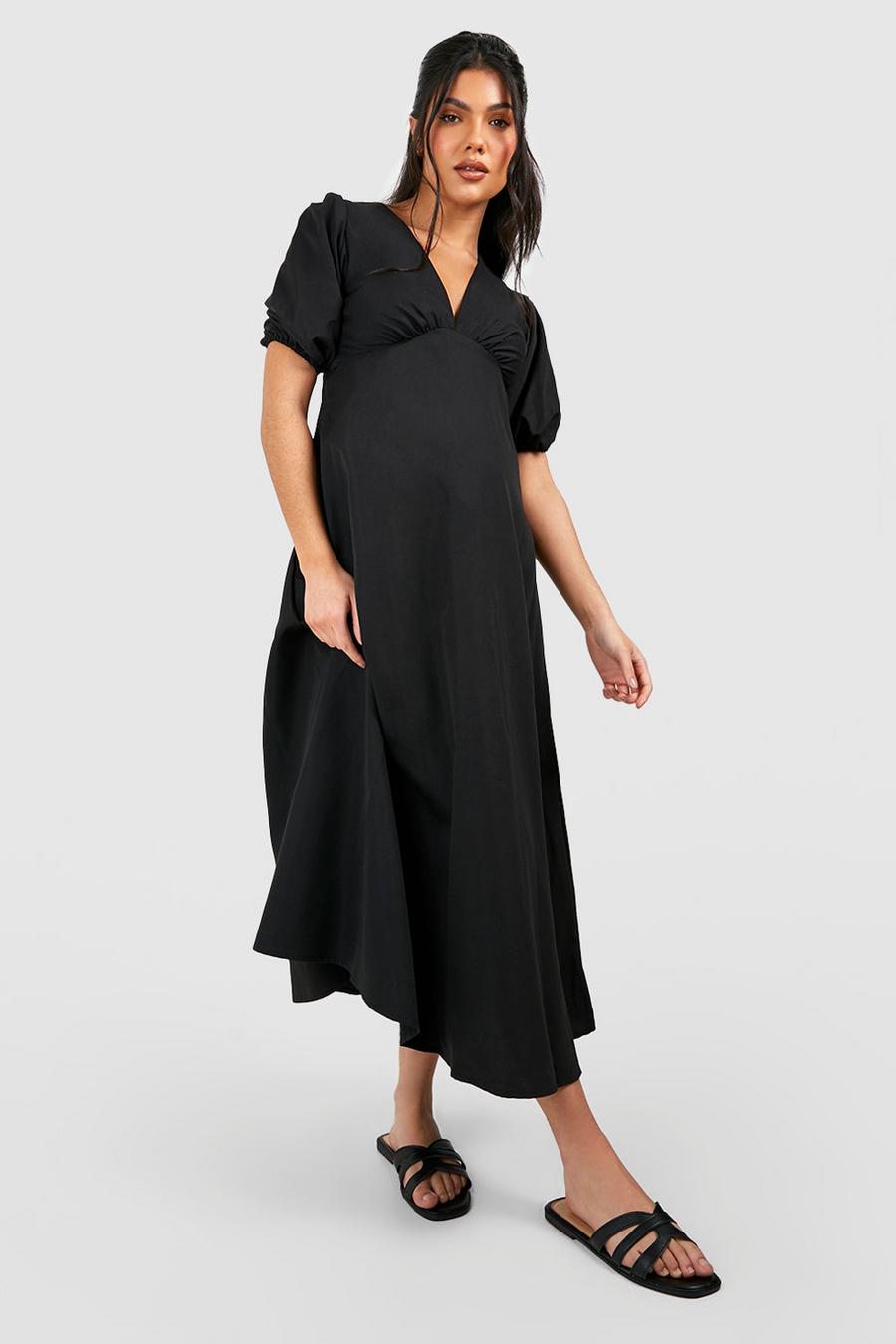Black Maternity Woven Puff Sleeve Midi Dress