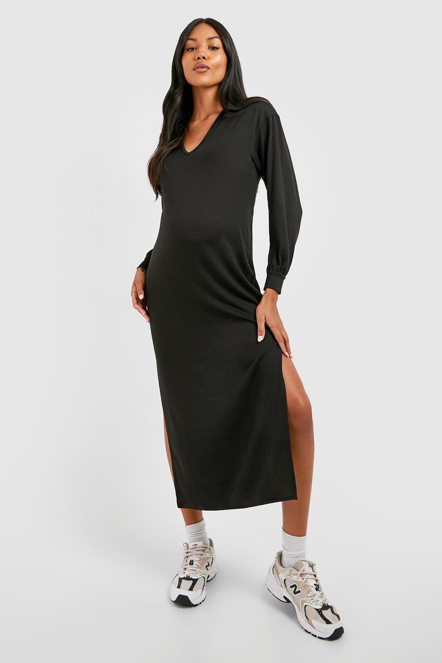Black Maternity Melange Knit Polo Collar Midi Dress