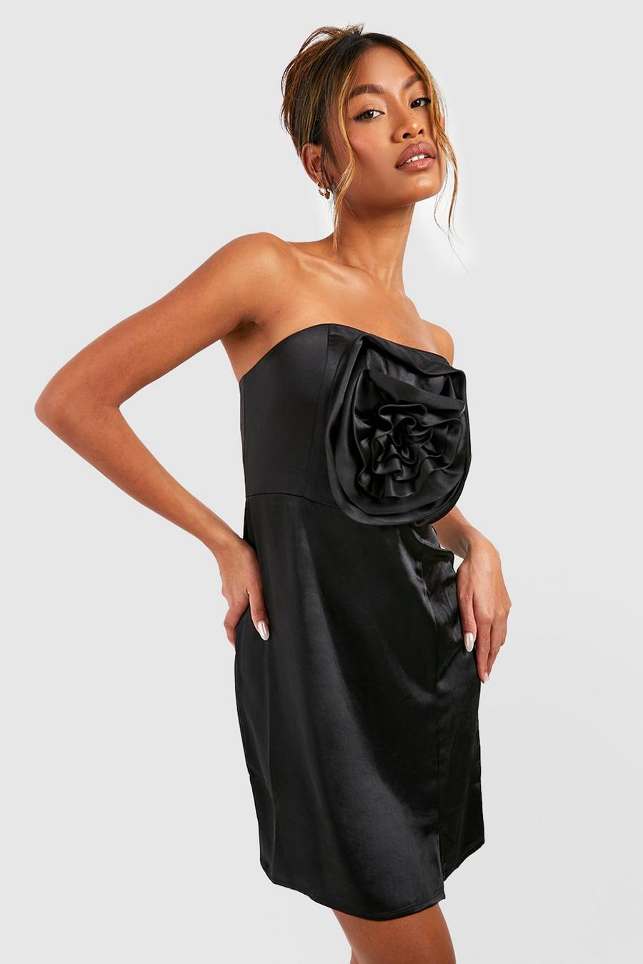 Black 3d Rose Detail Bandeau Satin Mini Dress