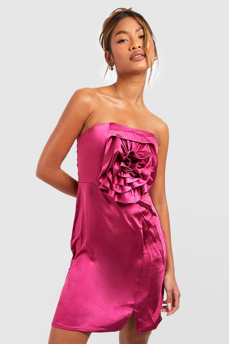 Magenta 3d Rose Detail Bandeau Satin Mini Dress