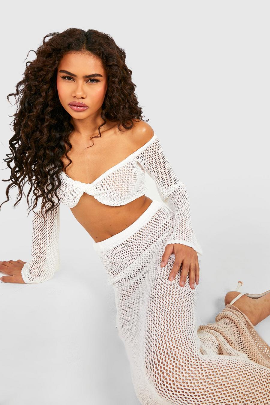 Ivory Ombre Off The Shoulder Crochet Top And Maxi Skirt Set image number 1