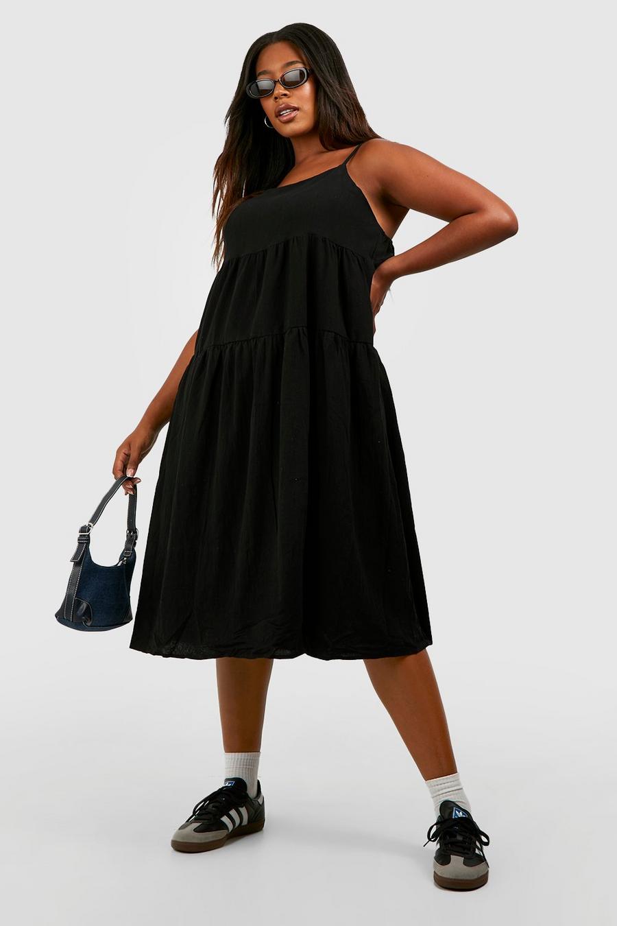 Black Plus Linen Strappy Tiered Midi Smock Dress image number 1