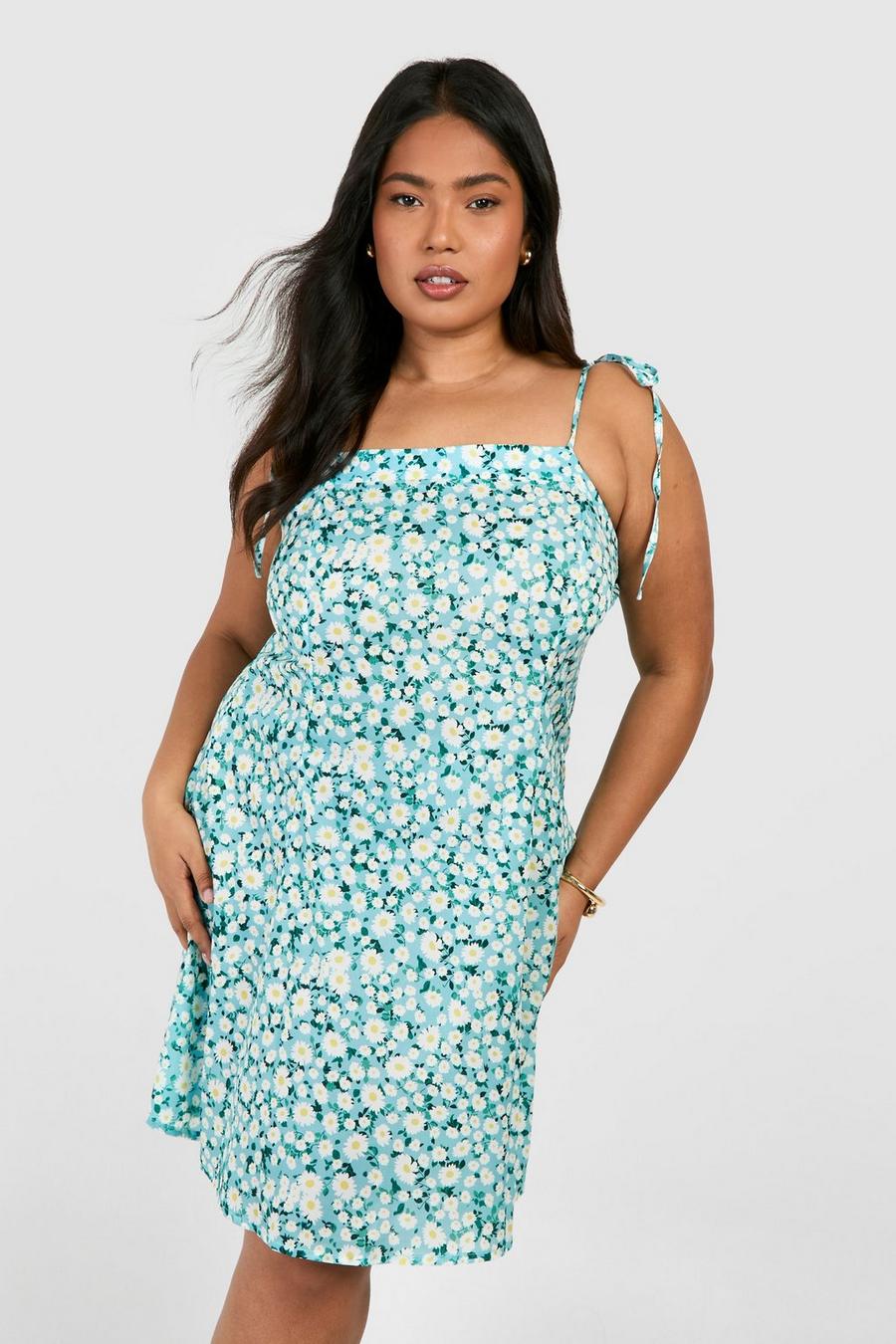 Blue Plus Strappy Sunflower Print Swing Dress image number 1