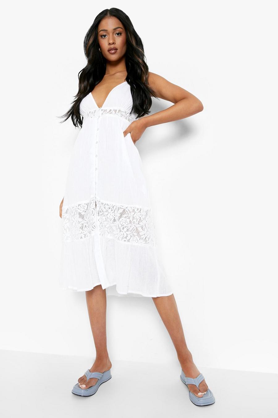 White Tall Cheesecloth Crochet Midi Dress image number 1