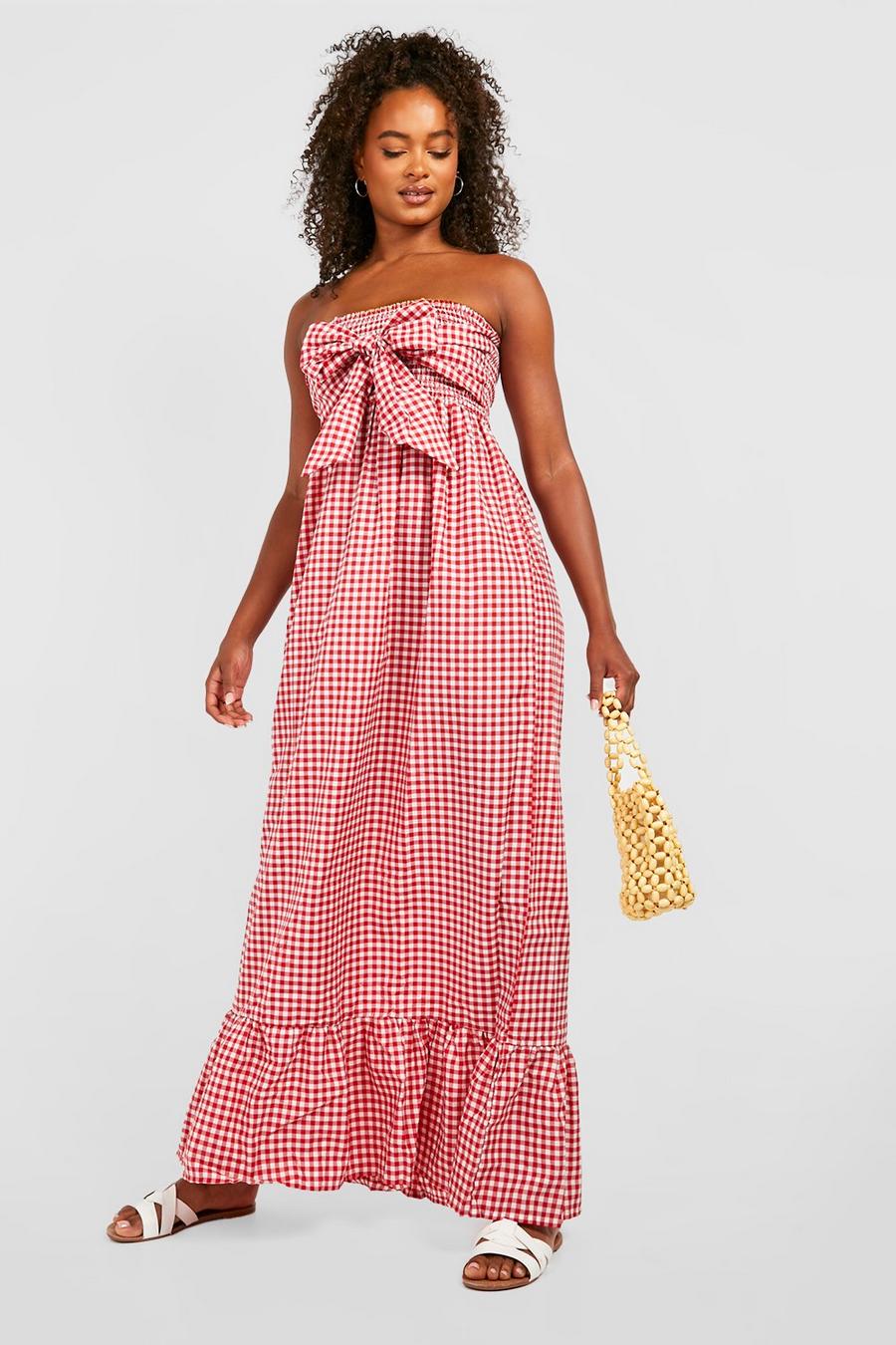 Red Tall Gingham Knot Front Maxi Dress