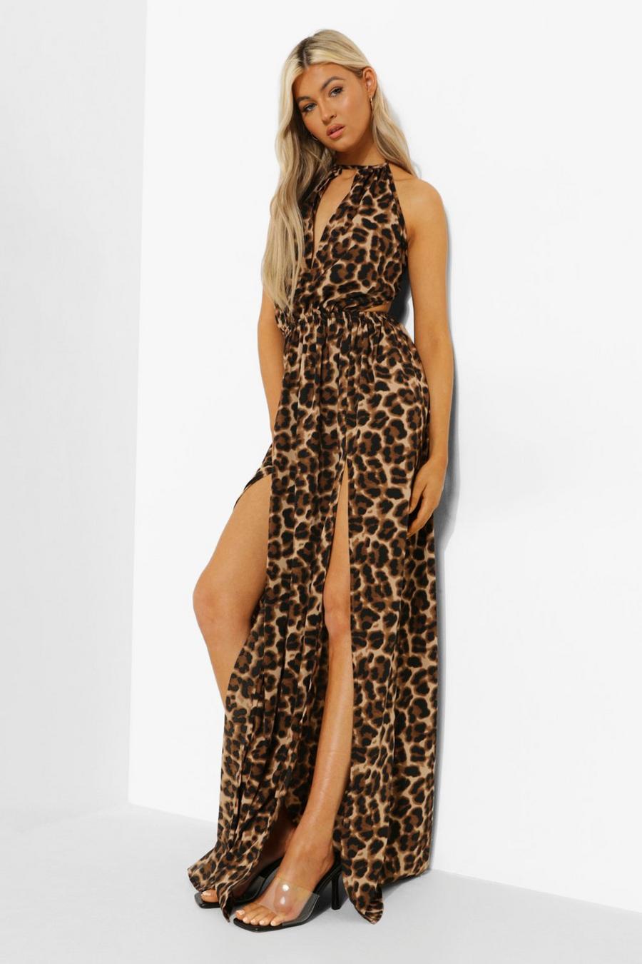 Vestido Tall maxi de leopardo con espalda descubierta, Stone image number 1