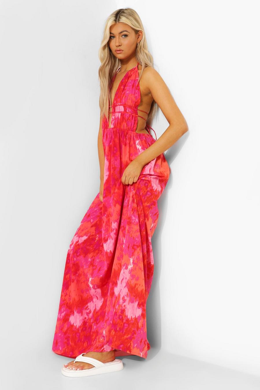 Vestito maxi Tall in fantasia tie dye con scollo profondo, Coral