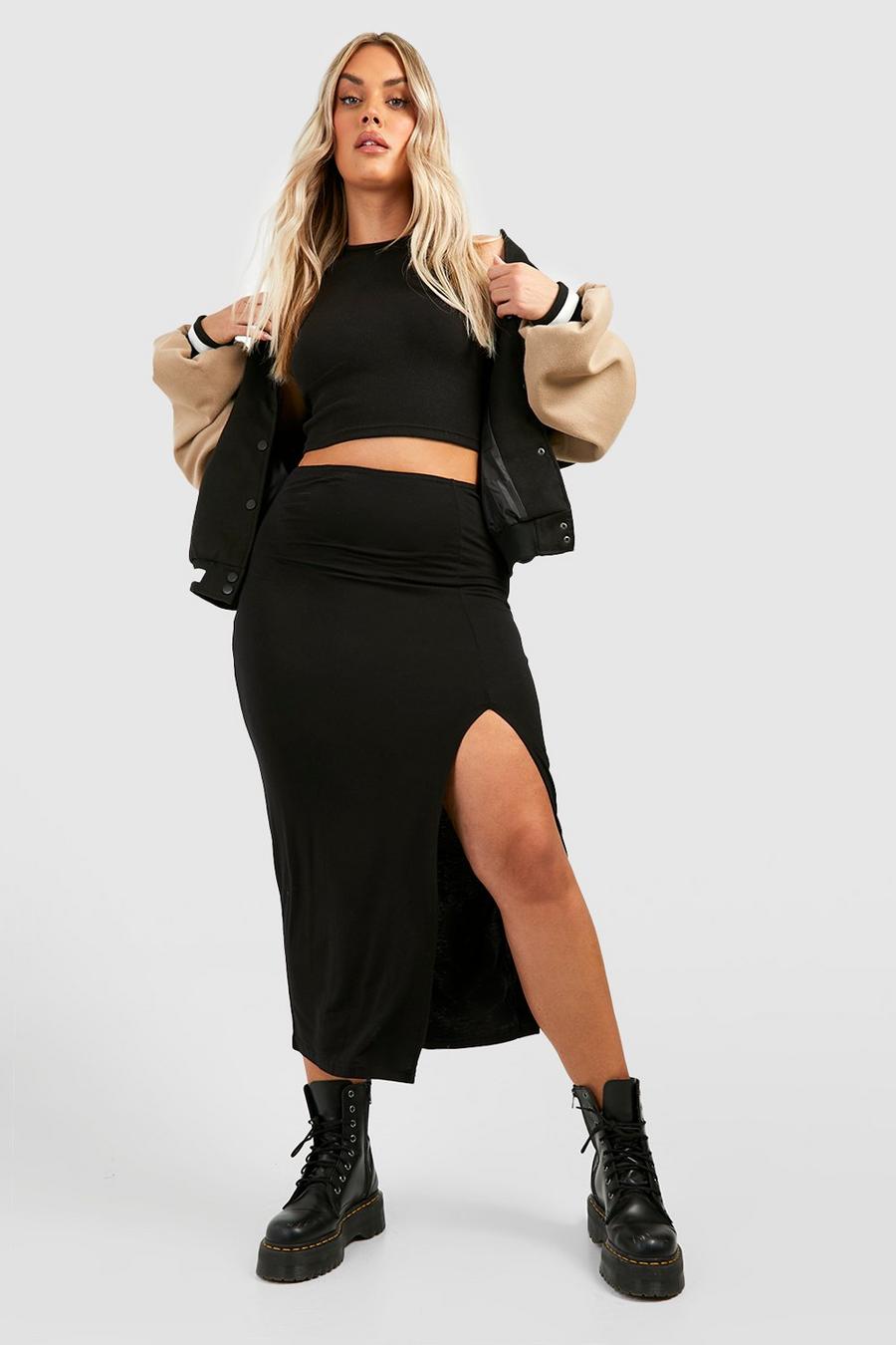 Black Plus Jersey Knit Split Front Midi Skirt