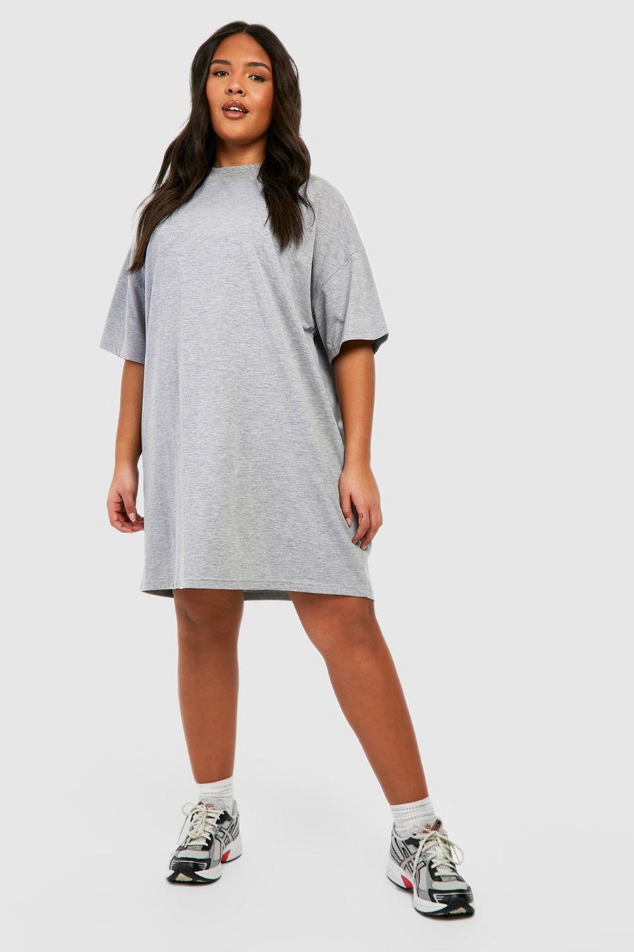 Plus kurzärmliges Oversize T-Shirt Kleid aus Baumwolle, Grey marl