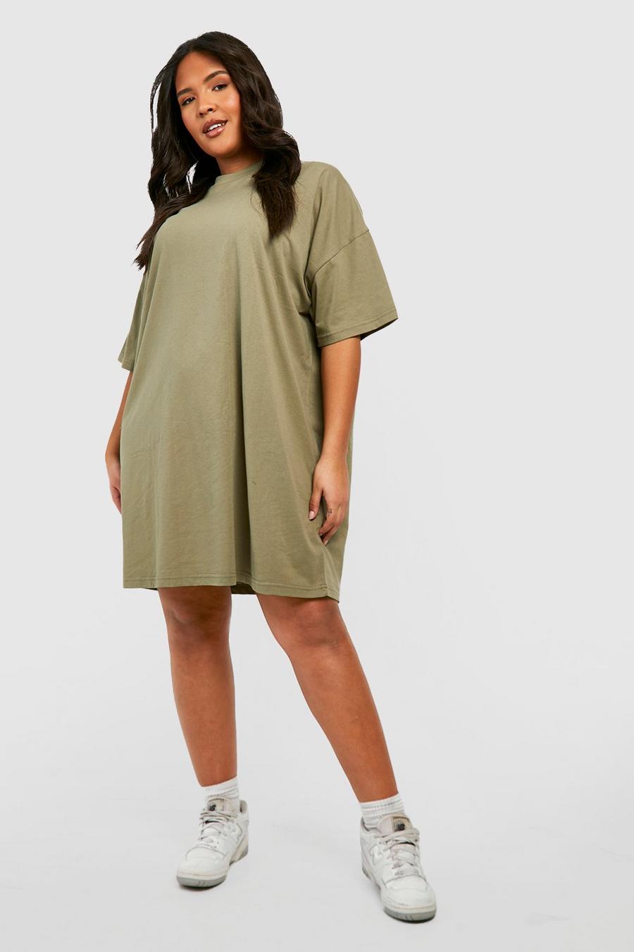 Plus kurzärmliges Oversize T-Shirt Kleid aus Baumwolle, Khaki