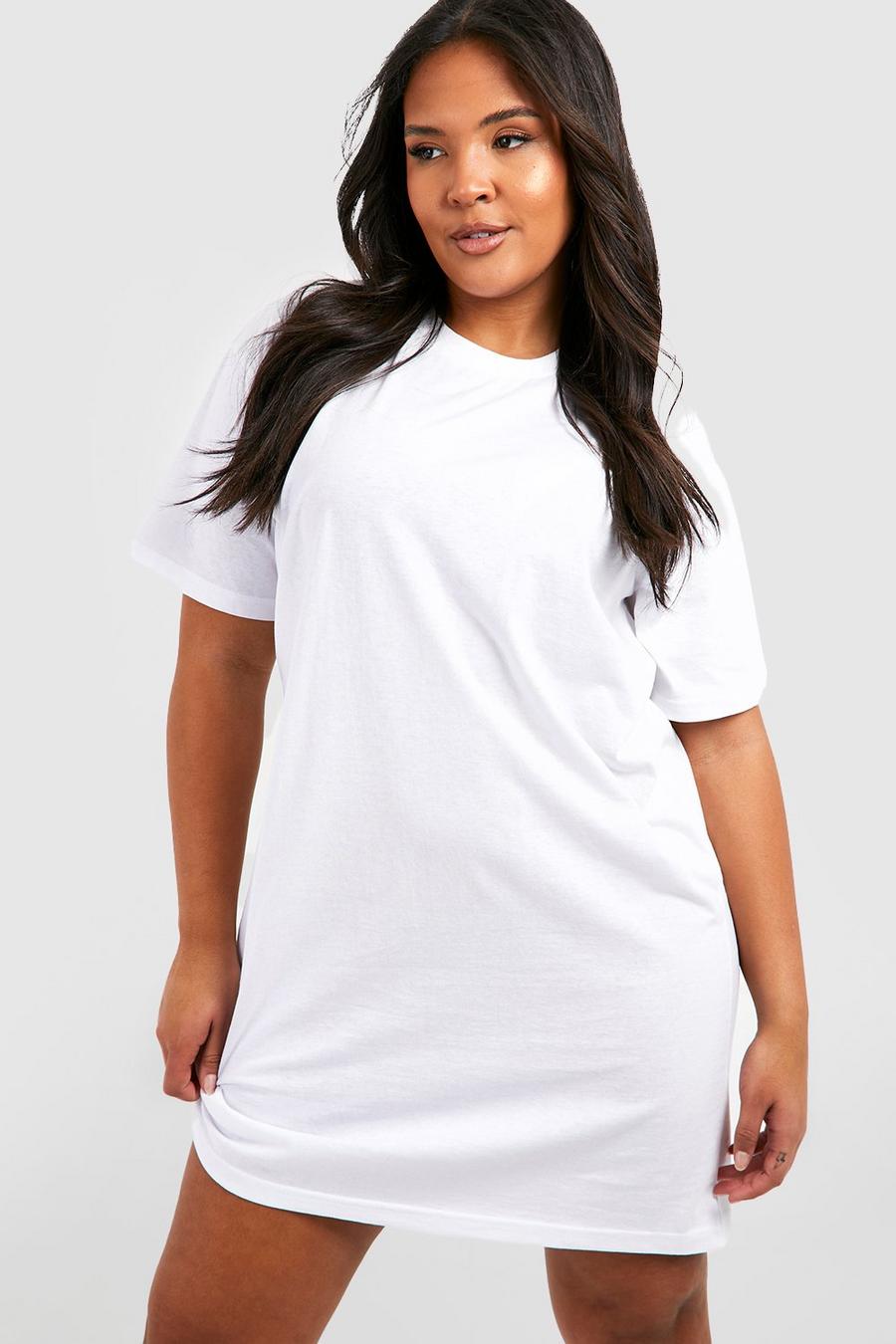 Plus kurzärmliges T-Shirt Kleid aus Baumwolle, White image number 1