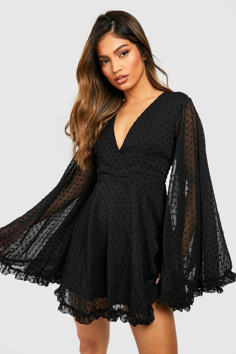 Black Dobby Chiffon Wide Sleeve Skater Dress