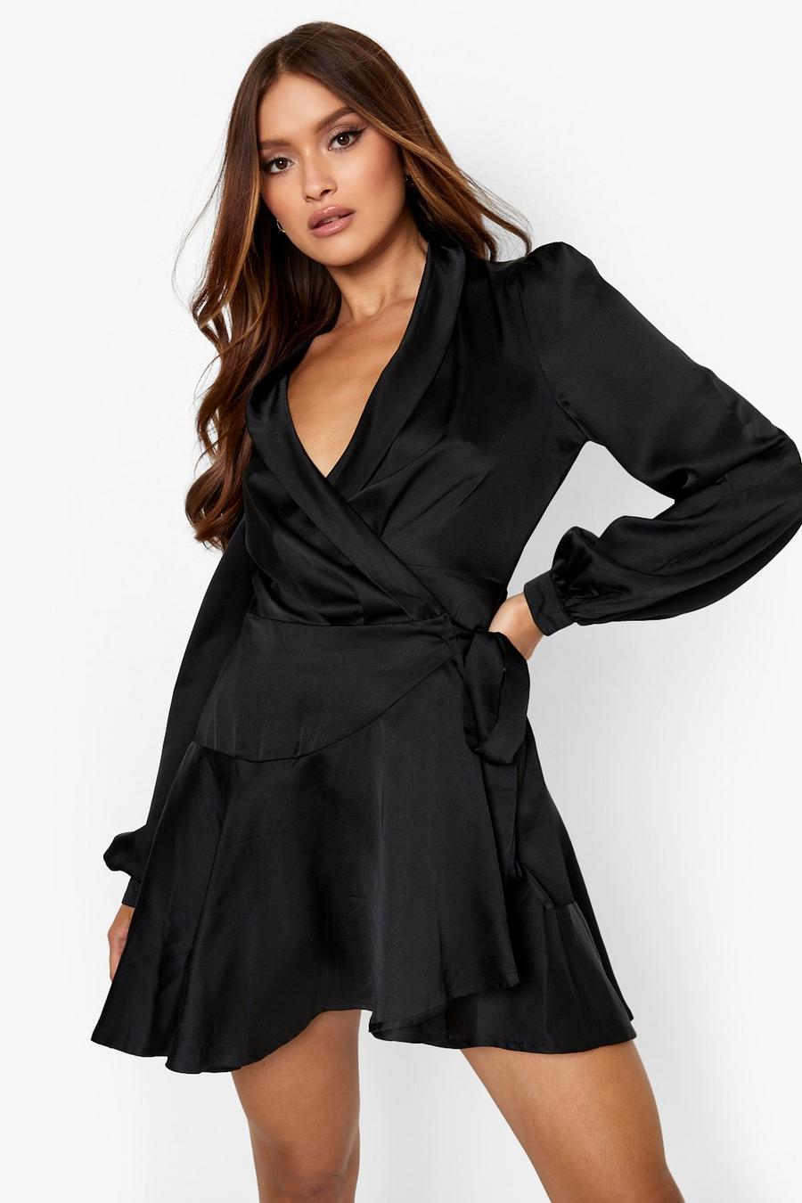 Black Satin Wrap Mini Skater Dress