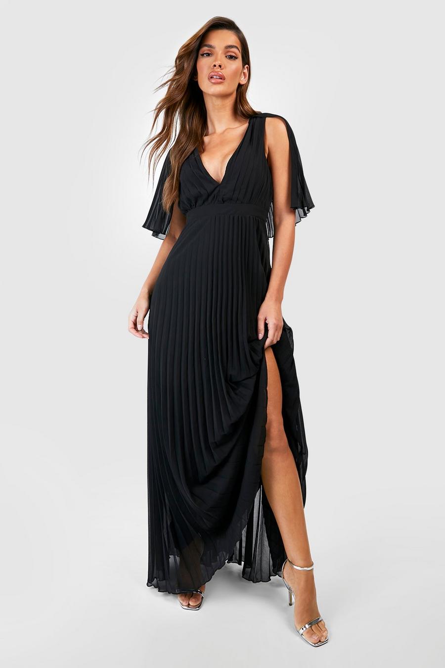 Black Pleated Cape Detail Bridesmaid Maxi Dress