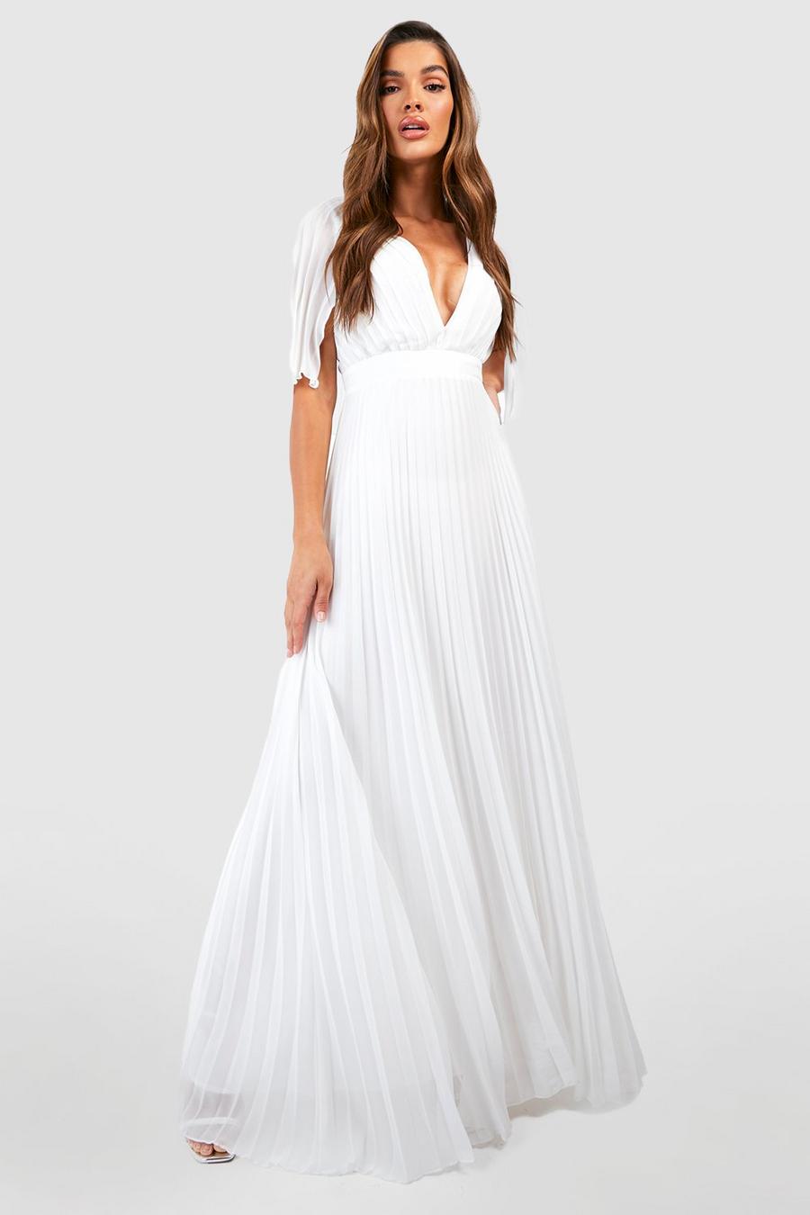 Ivory Pleated Cape Detail Bridesmaid Maxi Dress