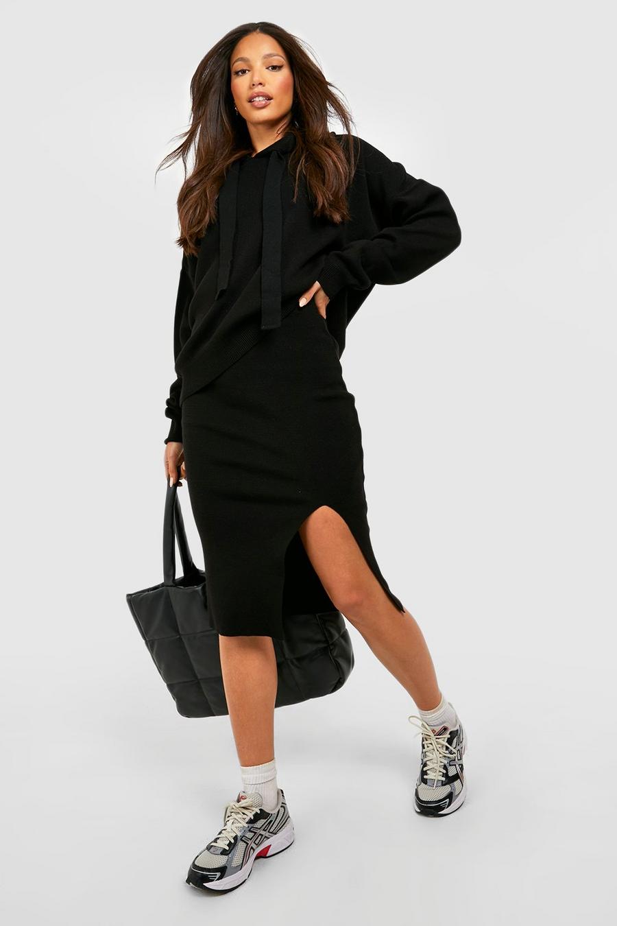 Black Tall Knitted Oversized Hoodie And Midi Skirt Coord