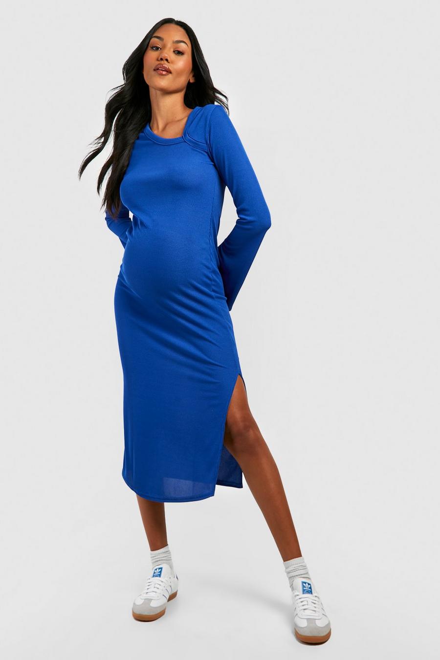 Cobalt blue Maternity Rib Asymmetric Neck Midaxi Dress