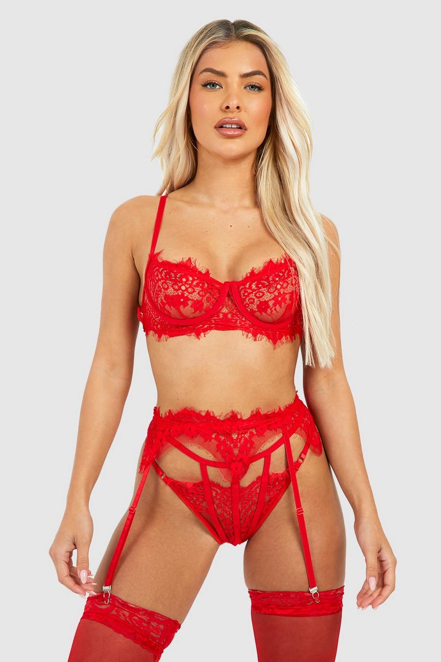 Red Crotchless Eyelash Lace Bralette Suspender And Thong Set image number 1