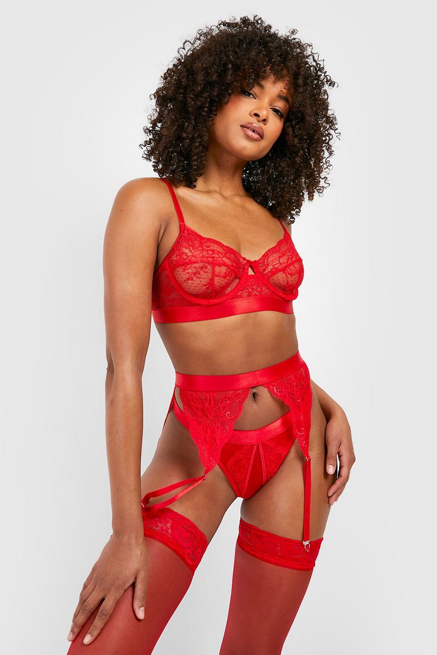 Red Crotchless Lace Bra Thong And Suspender Set