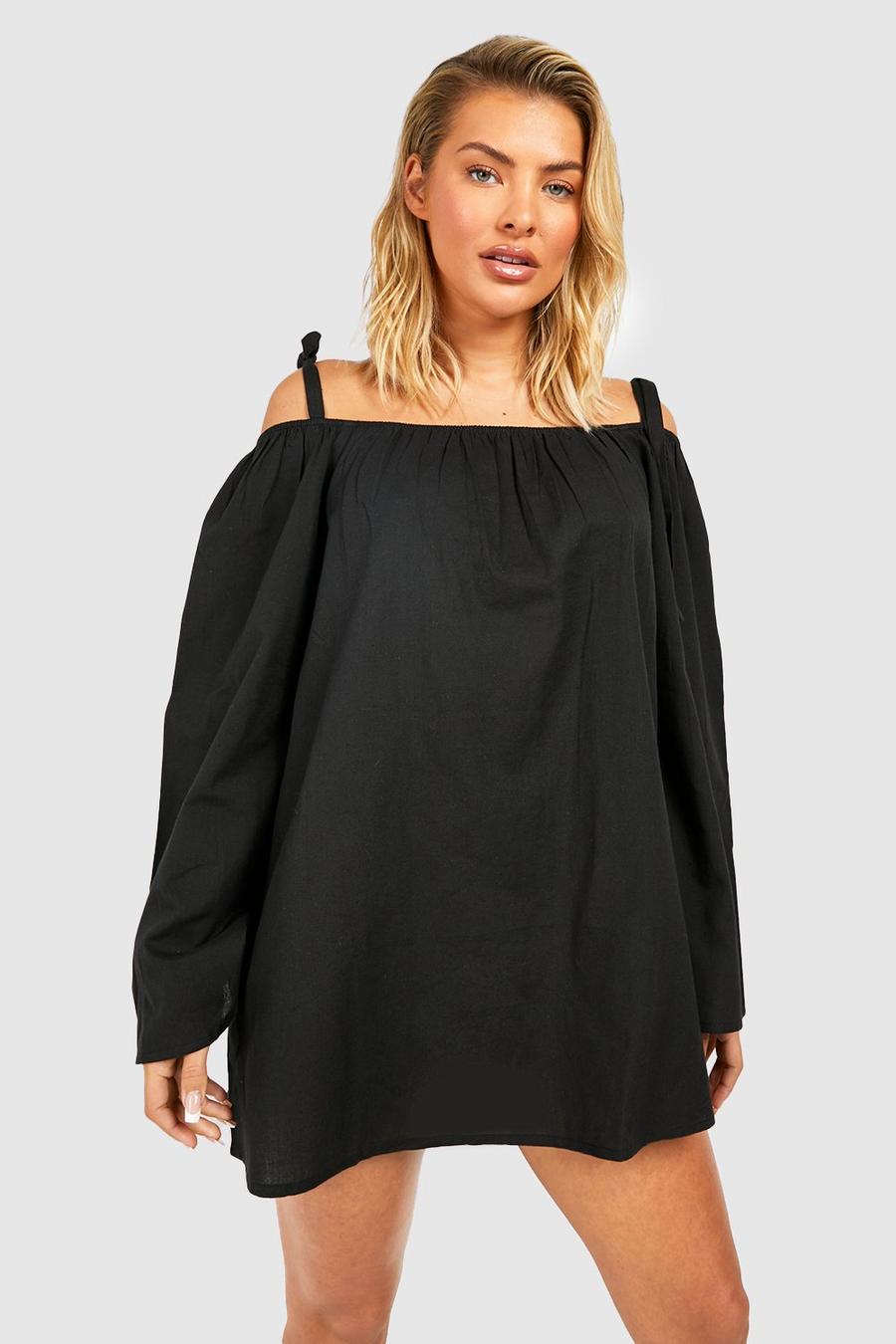 Black Linen Look Tie Shoulder Bardot Beach Dress image number 1