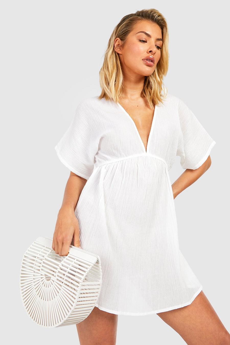 White Cotton Flutter Sleeves Plunge Beach Dress image number 1