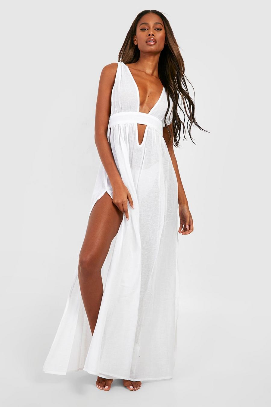 Vestido maxi para la playa efecto lino escotado con abertura, White