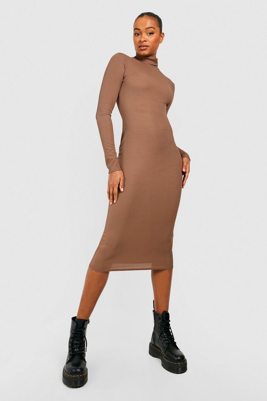 Chocolate brown Tall Rib Roll Neck Longsleeve Midi Dress