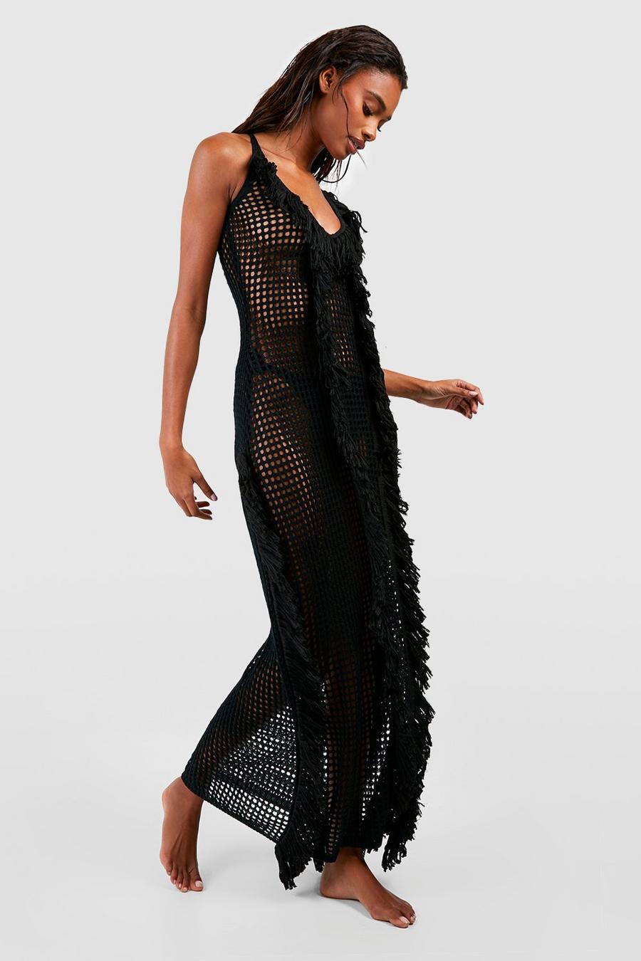 Black Crochet Fringed Cover Up Beach Maxi Dress