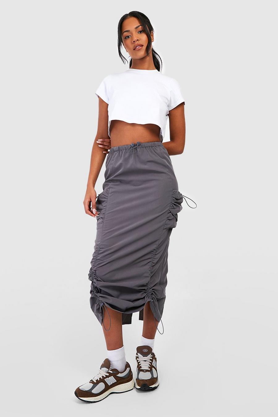 Grey Tall Cargo Pocket Drawstring Ruched Parachute Midaxi Skirt