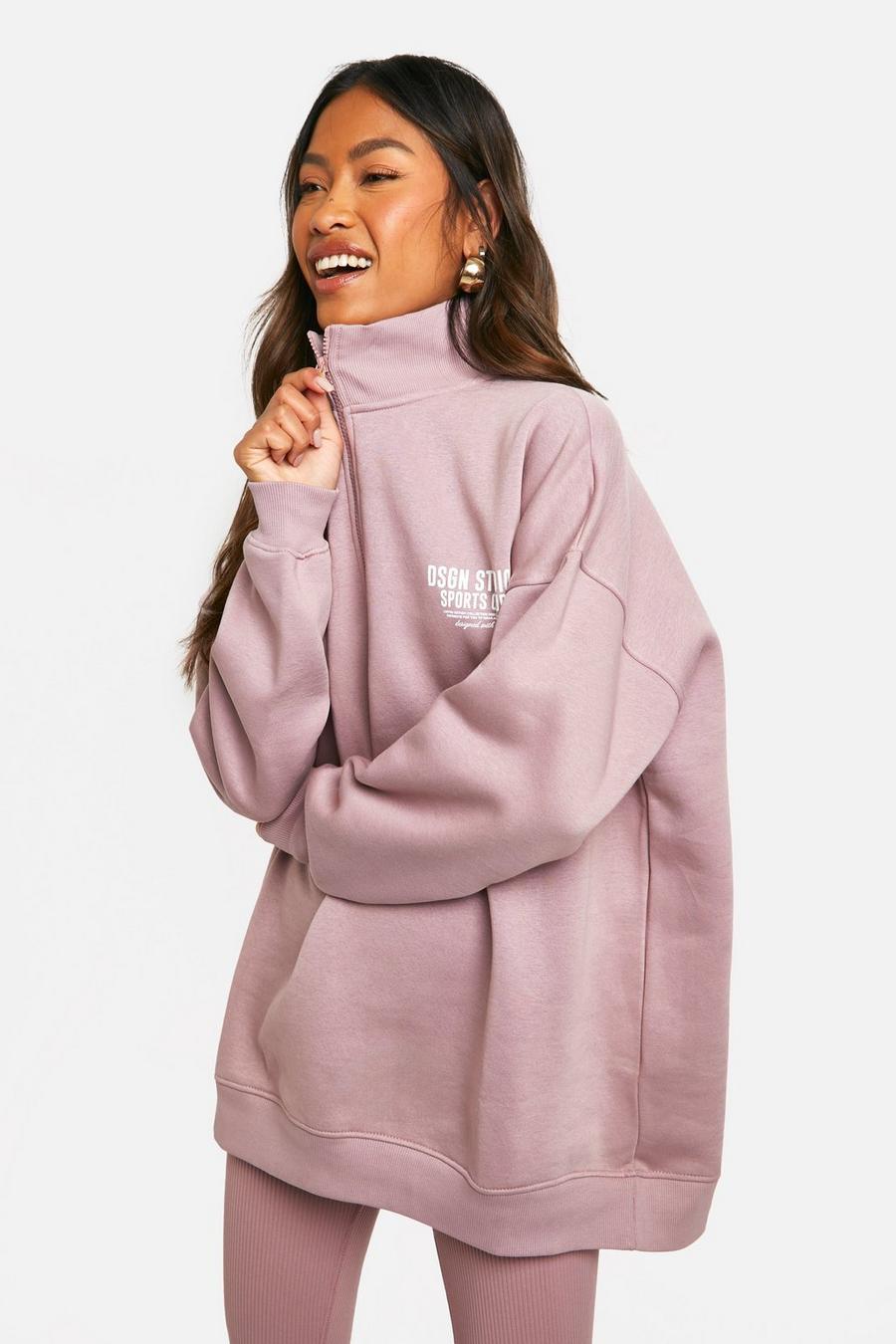 Sweatshirt mit halbem Reißverschluss und Sports Club Slogan, Mauve