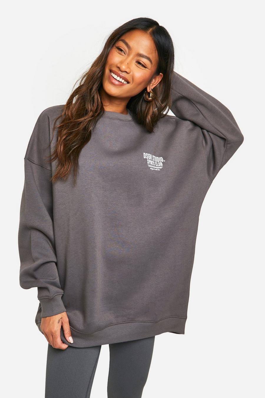 Charcoal grey Sports Club Slogan Oversized Sweatshirt 