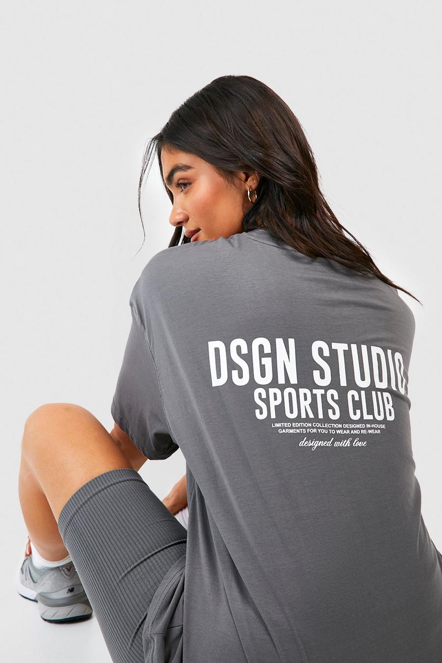 T-shirt oversize con slogan Sports Club, Charcoal