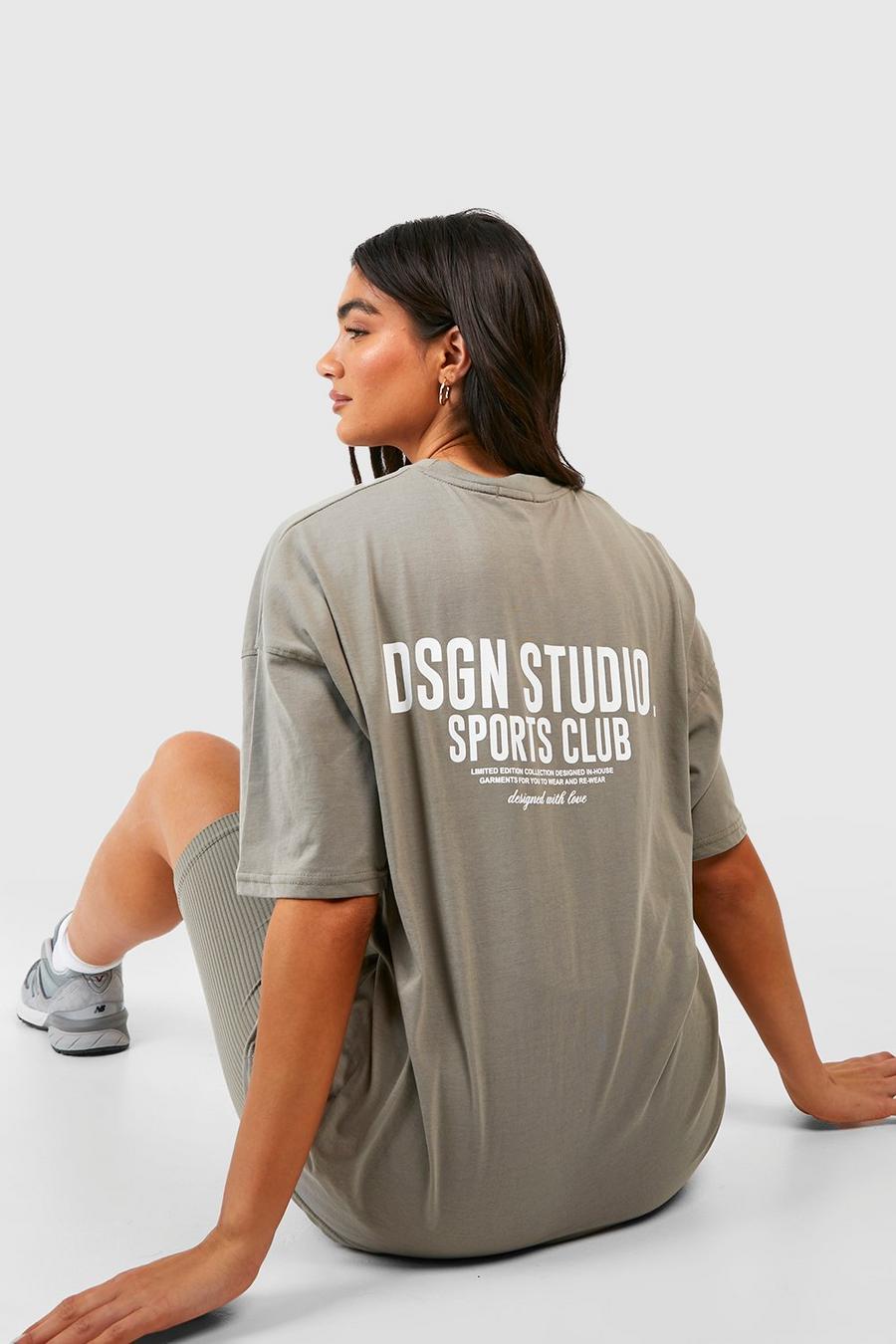 Washed khaki Oversized Sports Club T-Shirt Met Tekst