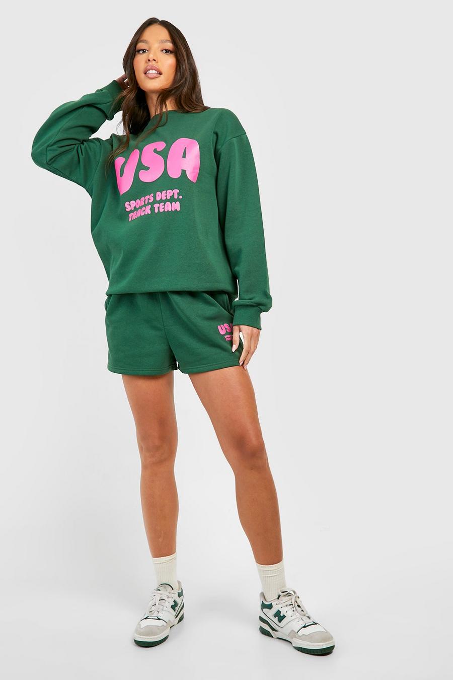 Chándal de pantalón corto y sudadera con eslogan de USA, Dark green
