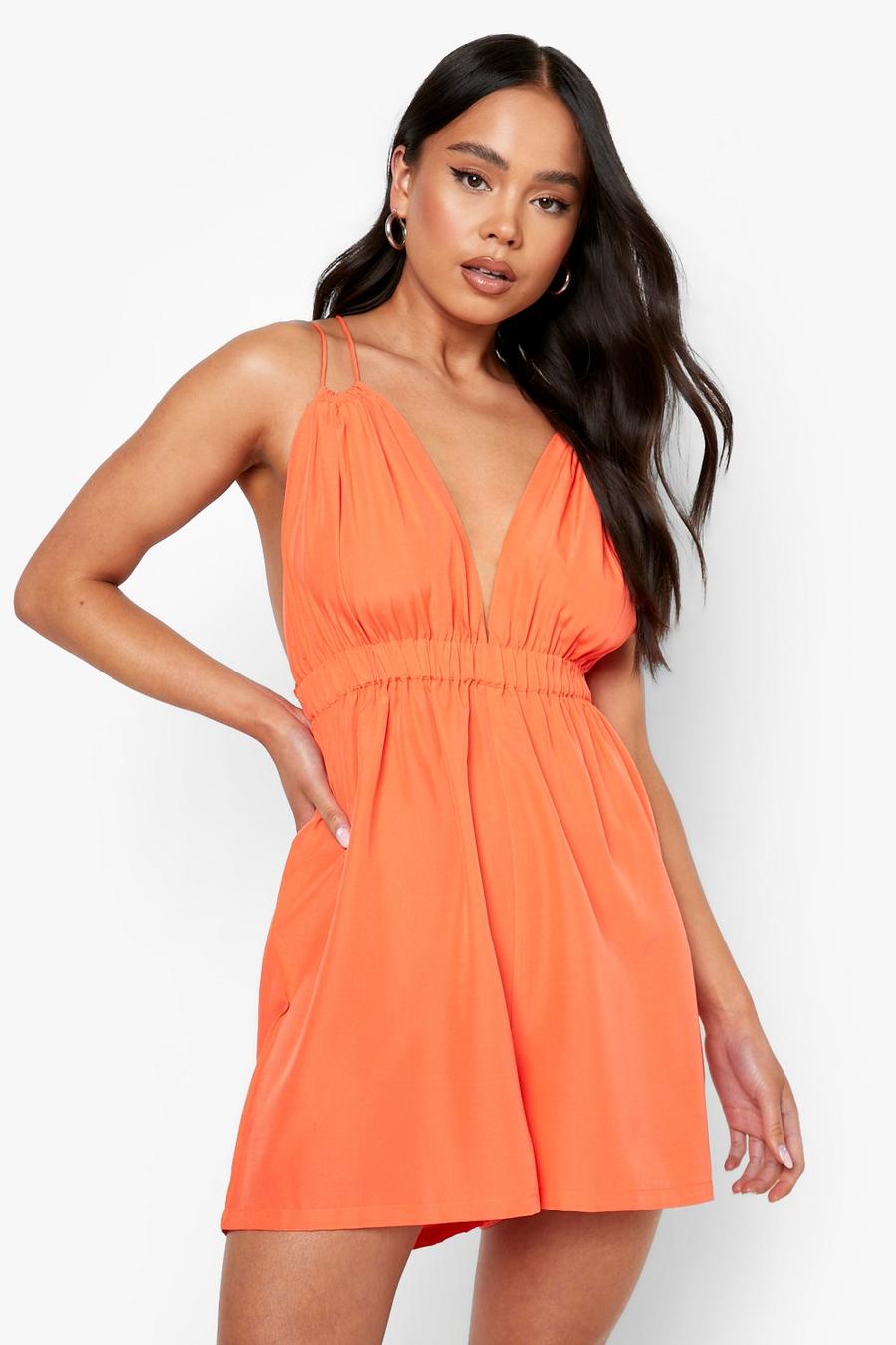 Orange Petite Strappy Ruched Playsuit