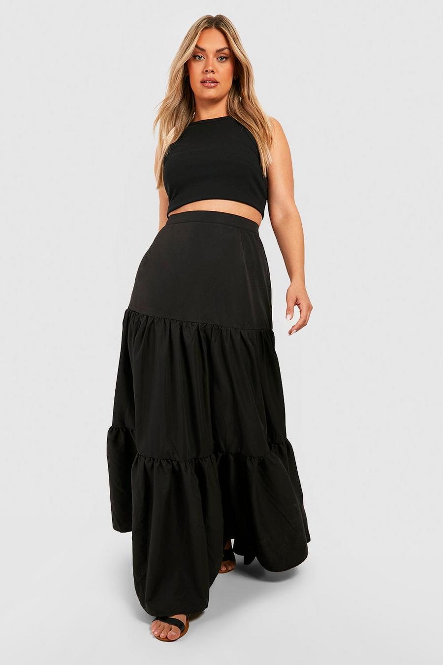 Black Plus Woven Tiered Maxi Boho Skirt
