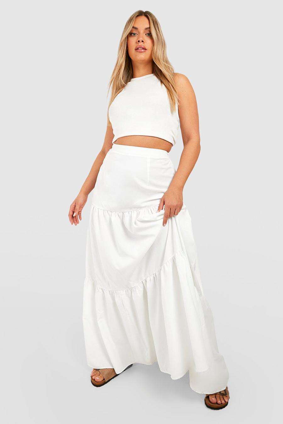 White Plus Woven Tiered Maxi Skirt